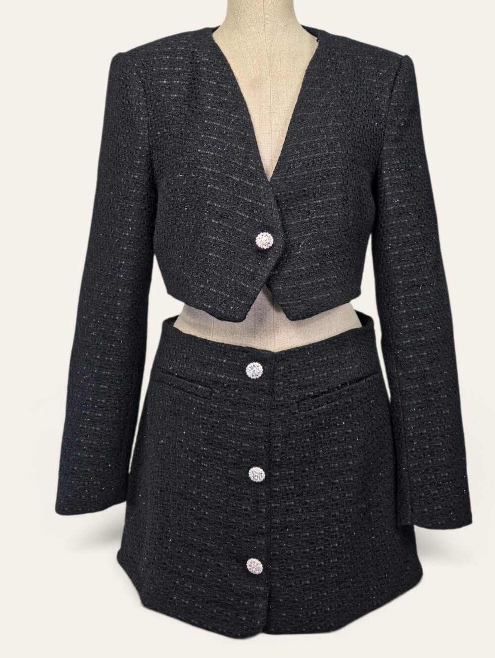 Zara Womens M Tweed Blazer Jacket/Mini Skirt Suit Set Cropped Black Boucle